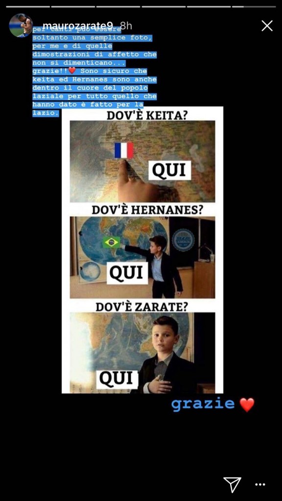 Il meme condiviso da Mauro Zarate sui social