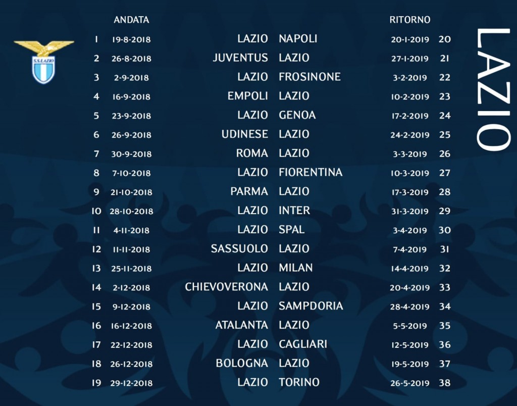 Lazio, ecco il calendario completo