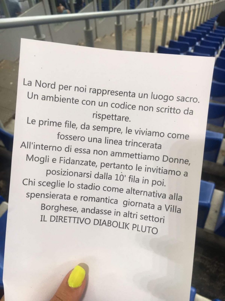 Questo il volantino posto sui seggiolini della Curva Nord